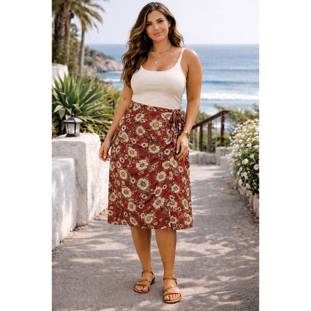 Maurices Wrap Skirt Womens 3X Orange Floral Boho Cottagecore Flowy Rustic Knee